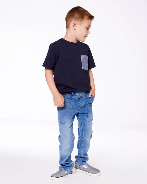Deux Par Deux Short Sleeve T-Shirt With Chest Pocket - Navy