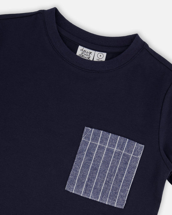 Deux Par Deux Short Sleeve T-Shirt With Chest Pocket - Navy