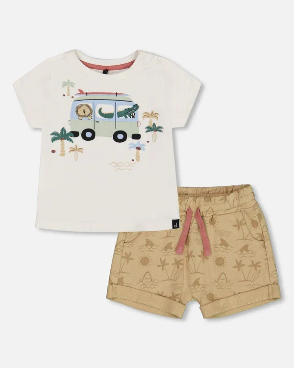 Deux Par Deux Short Sleeve Tee & Terry Short Set - Printed Shark & Van