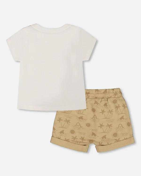 Deux Par Deux Short Sleeve Tee & Terry Short Set - Printed Shark & Van