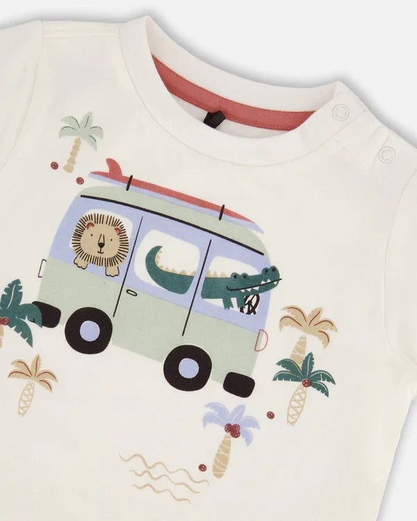 Deux Par Deux Short Sleeve Tee & Terry Short Set - Printed Shark & Van