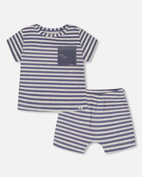 Deux Par Deux Short Sleeve Top & Short Set - Blue Stripes