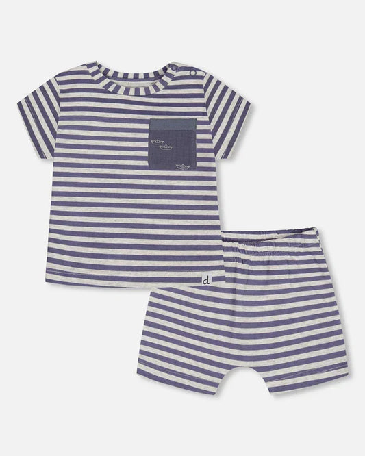 Deux Par Deux Short Sleeve Top & Short Set - Blue Stripes