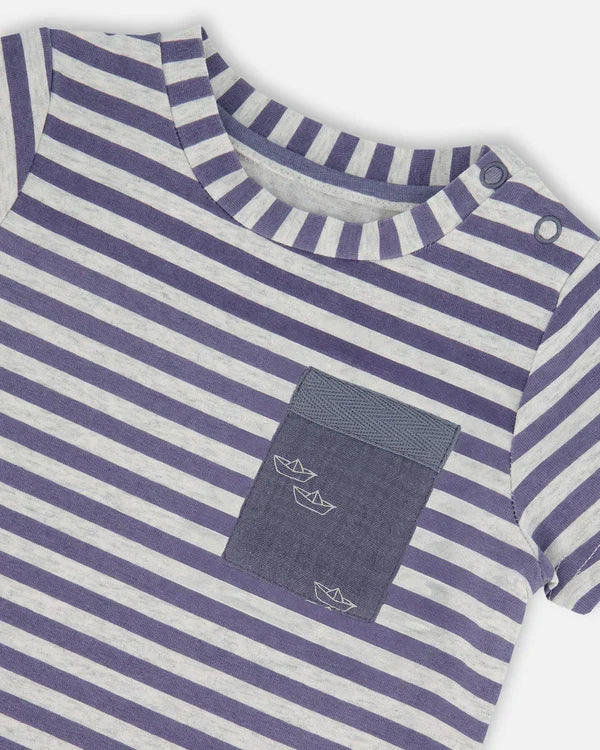 Deux Par Deux Short Sleeve Top & Short Set - Blue Stripes