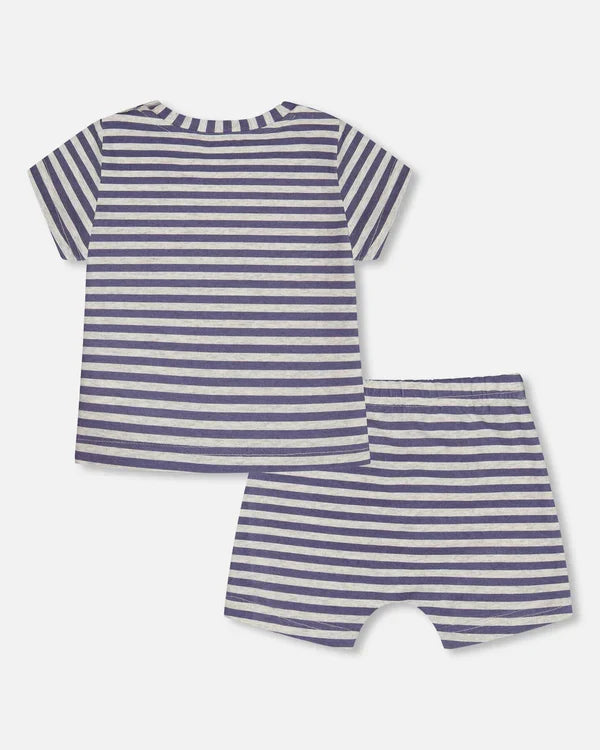 Deux Par Deux Short Sleeve Top & Short Set - Blue Stripes