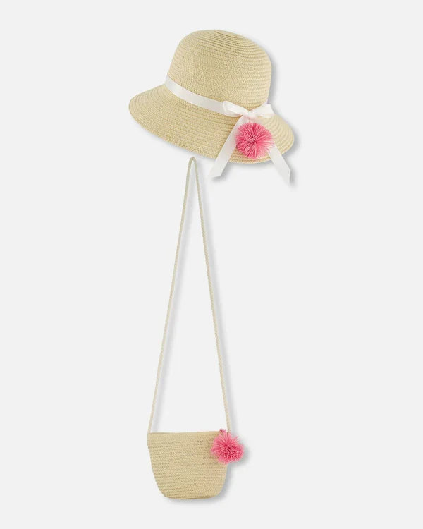 Deux Par Deux Straw Bag And Hat Set -- Straw And Pink