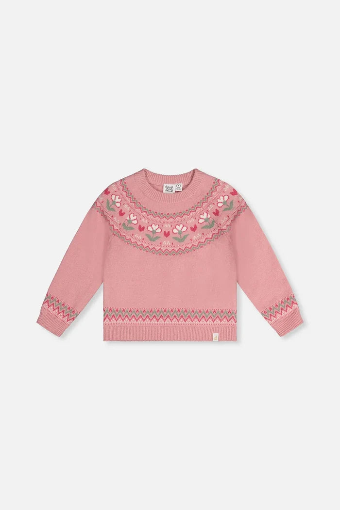 Deux Par Deux Sweater with Flower Jacquard - Pale Dusty Rose