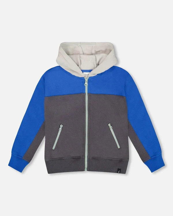 Deux Par Deux Zippered Fleece Hoodie - Color Block Dark Gray/Blue
