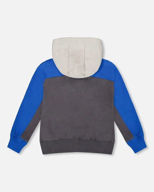 Deux Par Deux Zippered Fleece Hoodie - Color Block Dark Gray/Blue