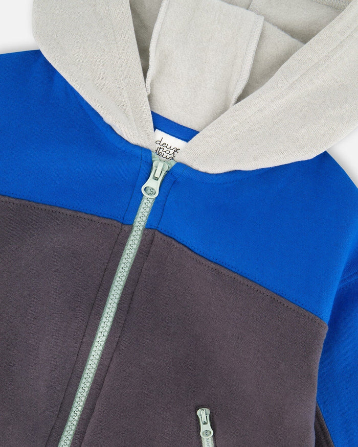 Deux Par Deux Zippered Fleece Hoodie - Color Block Dark Gray/Blue