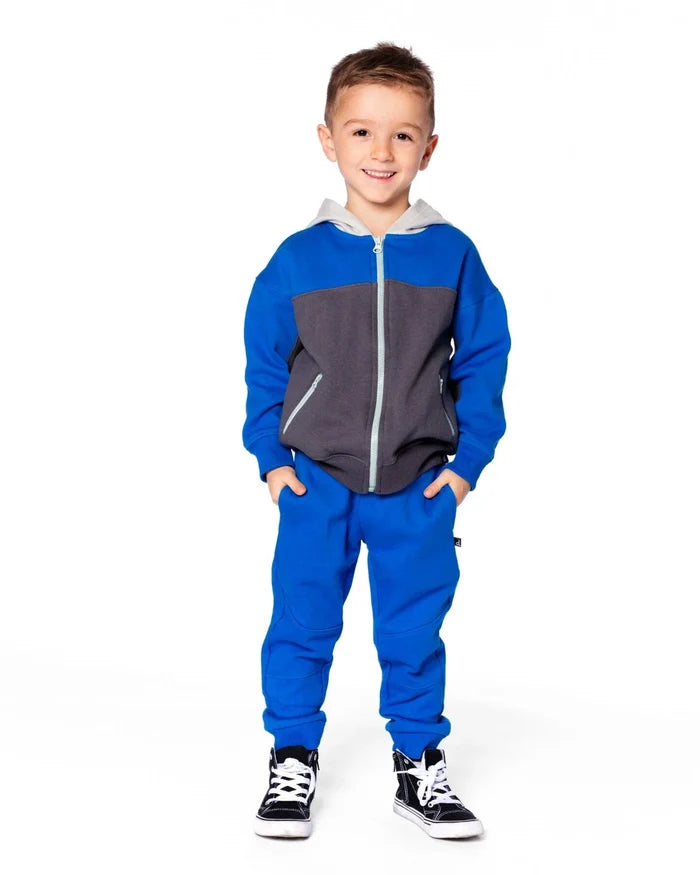 Deux Par Deux Zippered Fleece Hoodie - Color Block Dark Gray/Blue