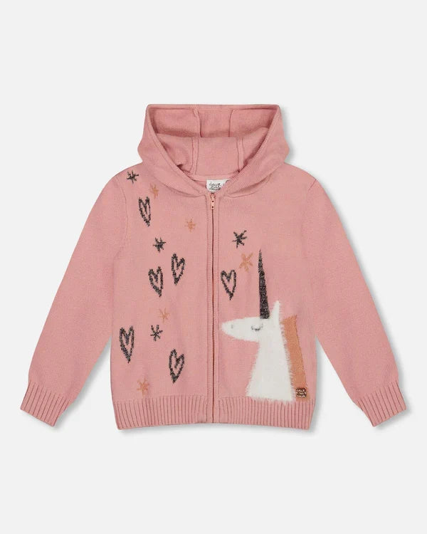 Deux Par Deux Zippered Hoodie - Dusty Pink Unicorn & Hearts
