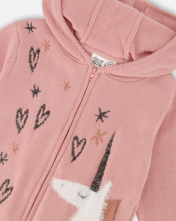 Deux Par Deux Zippered Hoodie - Dusty Pink Unicorn & Hearts