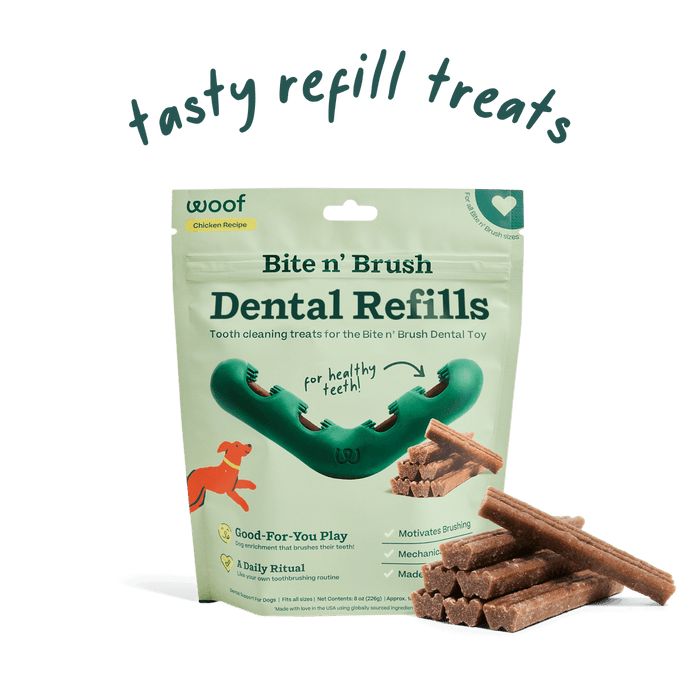 Woof Bite n' Brush dog dental chews refills, v-shaped sticks in pack