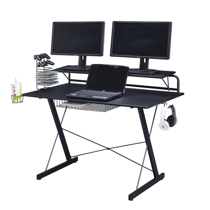 Elegant Carbon Gaming Computer Desk Setup with Organizers