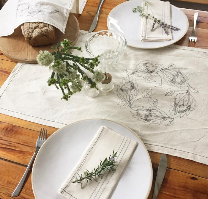 Embroidered Hemp Protea Table Runner