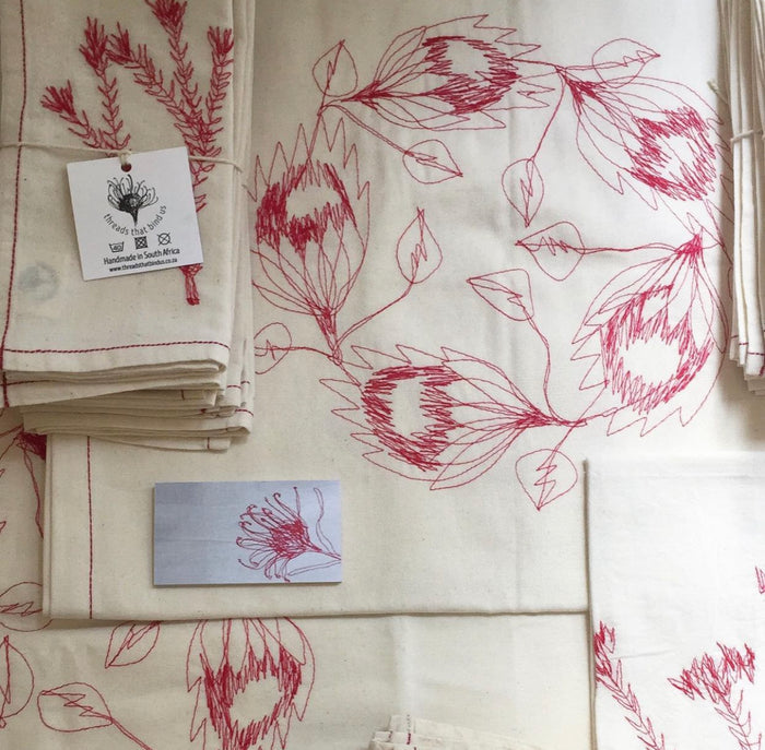 Embroidered Hemp Protea Table Runner