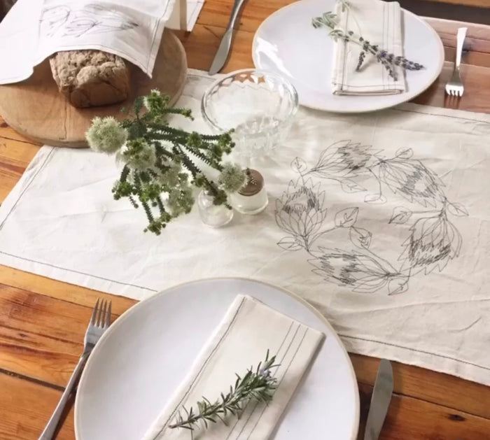 Embroidered Hemp Protea Table Runner