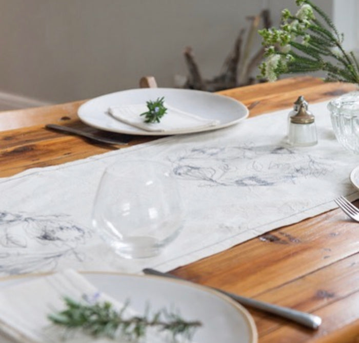 Embroidered Hemp Protea Table Runner