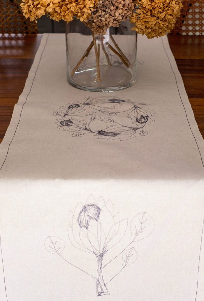 Embroidered Hemp Protea Table Runner