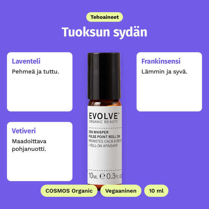 Evolve Zen Whisper Pulse Point Roll-On 10 ml, tehoaineet: Laventeli, Frankinsensi ja Vetiveri. COSMOS Organic, Vegaaninen ja 10 ml.