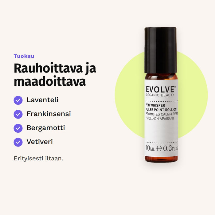 Evolve Zen Whisper Pulse Point Roll-On 10 ml tuoksu: laventeli, frankinsensi, bergamotti ja vetiveri.