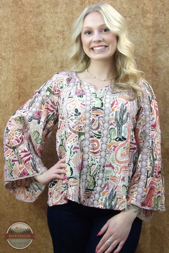 ANGIE V-Neck Western Print Bell Sleeve Top F2846-WA75 Front view