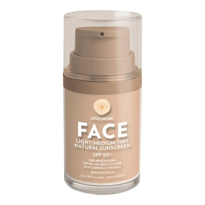 A bottle of Little Urchin Face Light/Medium Tint Natural Sunscreen SPF 50+ with a clear cap and beige pump, shown on a white background.