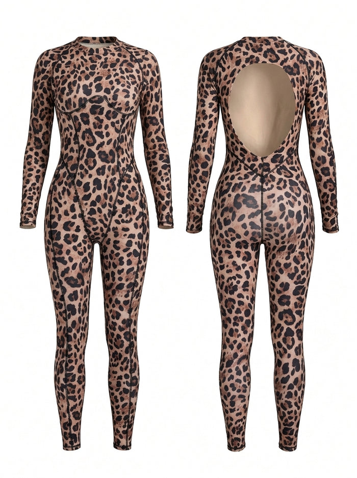 Fashion Leopard Print Backless Jumpsuit