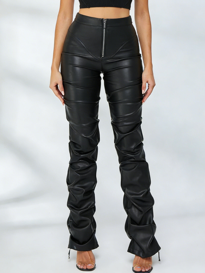 Faux Leather Folds Zipper Fashion Leggings