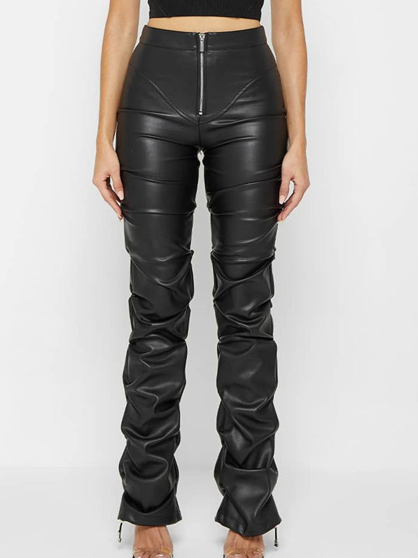 Faux Leather Folds Zipper Fashion Leggings