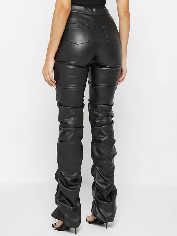 Faux Leather Folds Zipper Fashion Leggings
