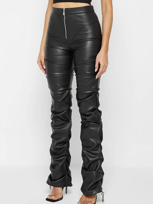 Faux Leather Folds Zipper Fashion Leggings