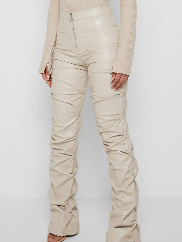 Faux Leather Folds Zipper Fashion Leggings