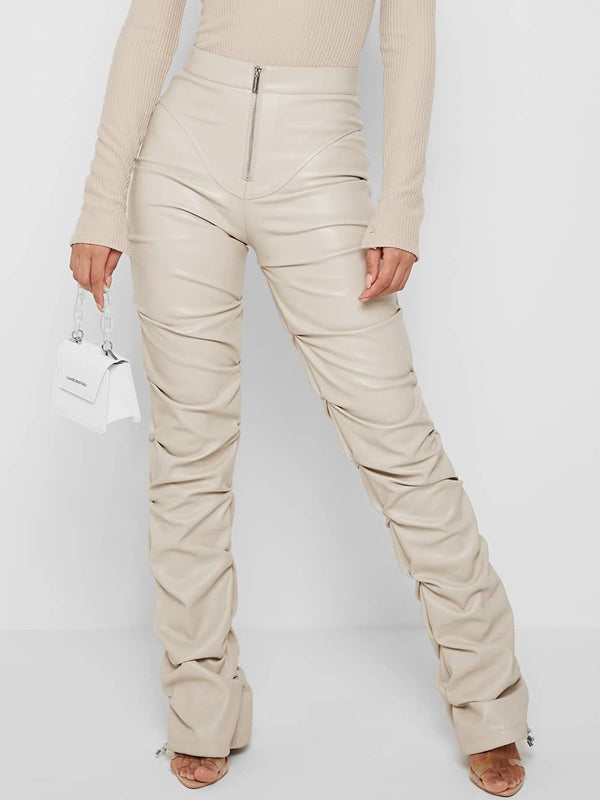 Faux Leather Folds Zipper Fashion Leggings