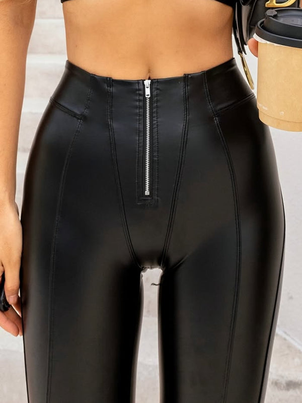 Fly-Eye Faux Leather Push-Up Zipper Tracksuit