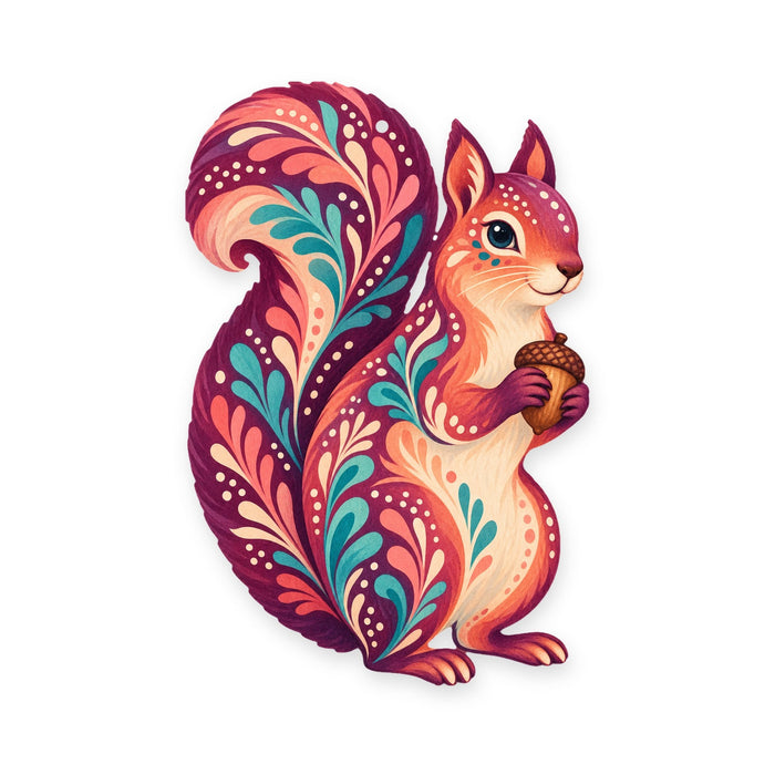 Fox Squirrel folk art ornament O284 on white, laser-cut maple wood, made in USA