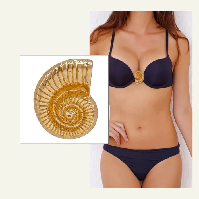 Ani Accessories Golden Nautilus Metal Buckle  on blue bikini wear by model in white background.