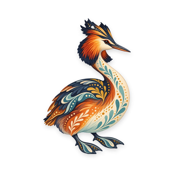 Great Crested Grebe folk art ornament O234 on white, laser-cut maple wood, made in USA