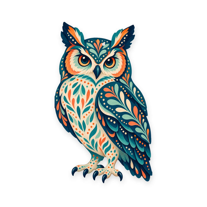 Great Horned Owl folk art ornament O297 on white, laser-cut maple wood, made in USA