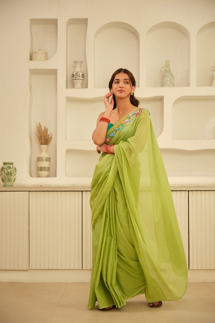 Green Crochet Floral Hand Embroidered Cotton Sari