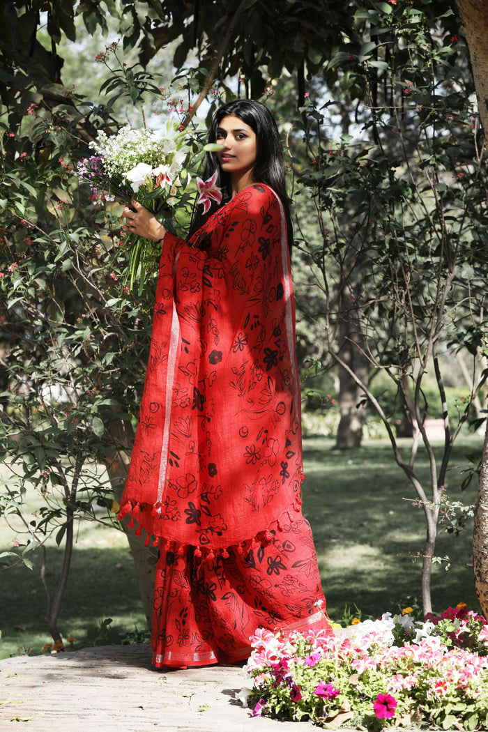 Gulmohar I Handpainted Linen Sari - kavana.in