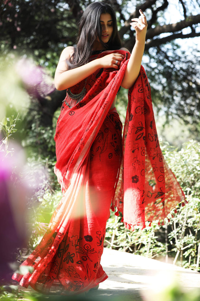 Gulmohar I Handpainted Linen Sari - kavana.in