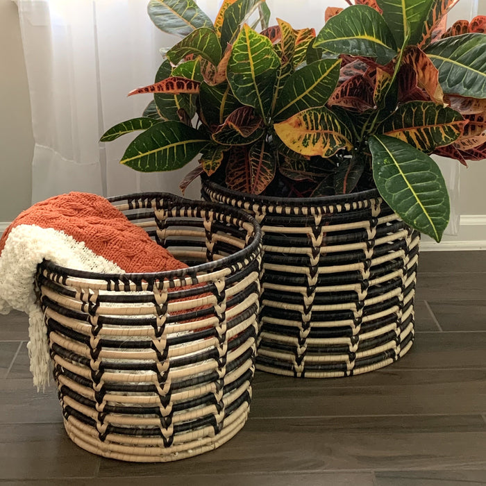 Handwoven Palm Leaf Black and Natural Baskets