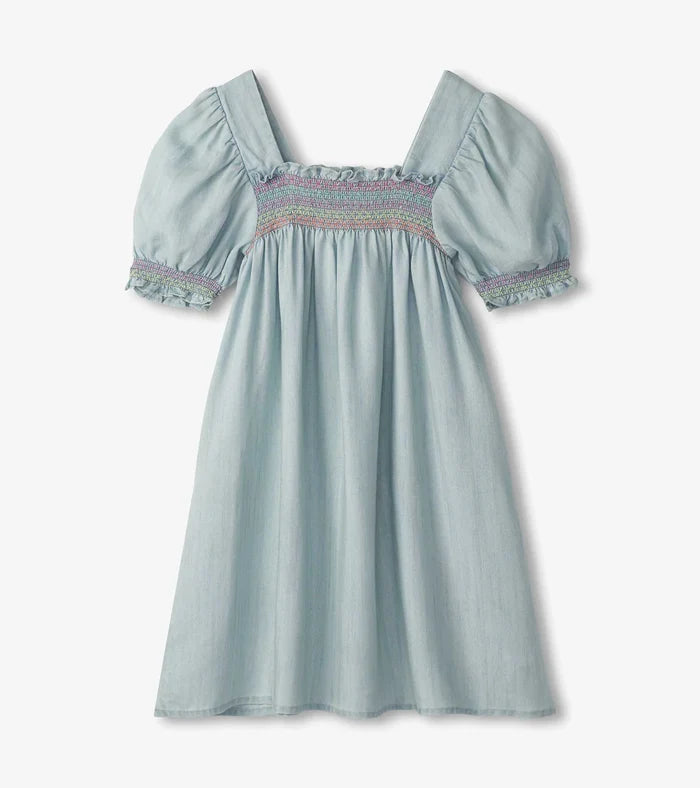 Hatley Puff Sleeve Smocked Dress - Soft Blue Denim