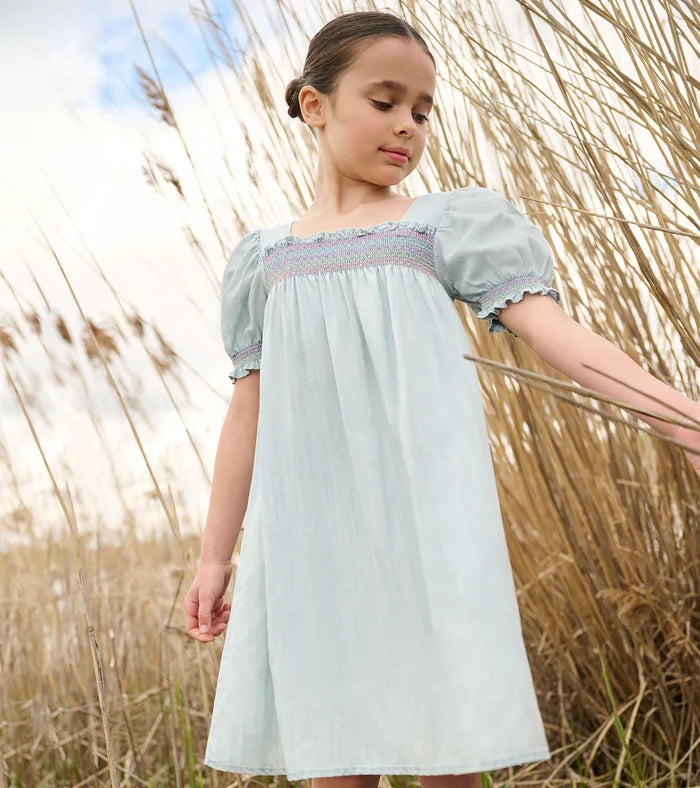 Hatley Puff Sleeve Smocked Dress - Soft Blue Denim