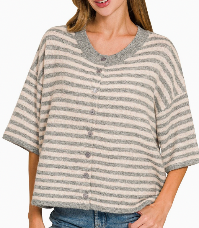 Heather Gray Striped Wool Blend Half Sleeve Cardigan Sweater