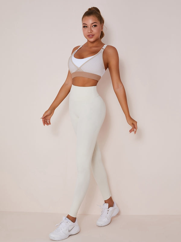 High Waist Nude Quick-Drying Mesh Contrast Color Stitching Leggings