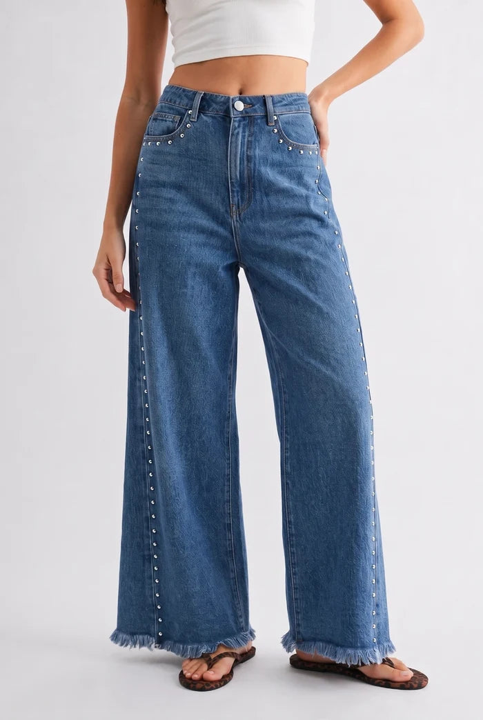 High-Waisted Wide-Leg Denim Stud Pants