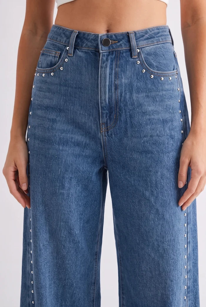 High-Waisted Wide-Leg Denim Stud Pants